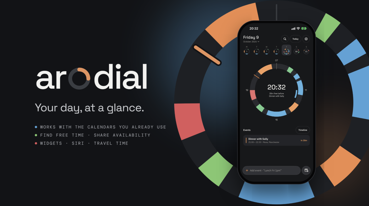 Arodial: Your day, at a glance. Artwork showing the app’s circular calendar on an iPhone.